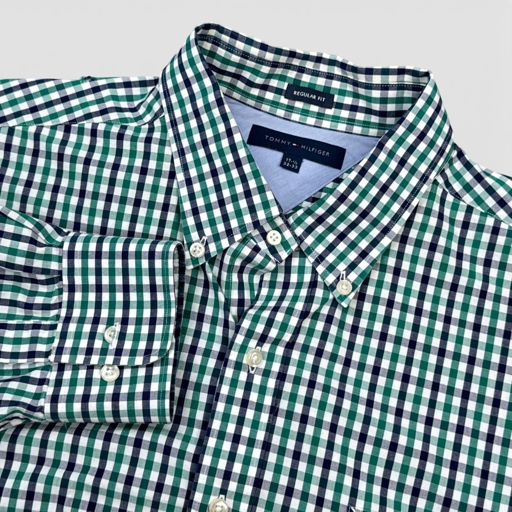 Tommy Hilfiger Dress Shirt Mens Size 17.5/32-33 Green Plaid Long Sleeve Button